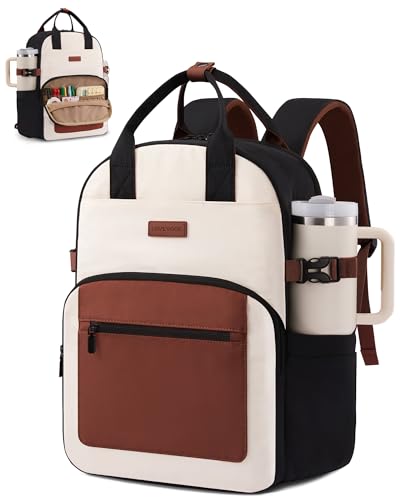 LOVEVOOK Laptop Backpack for Women - Stylish Work Backpack with Large Cup Holder, Waterproof College Teacher Backpack, Beige-Brown, 15.6Inch - color: Beige-brown, size: 15.6 Inch