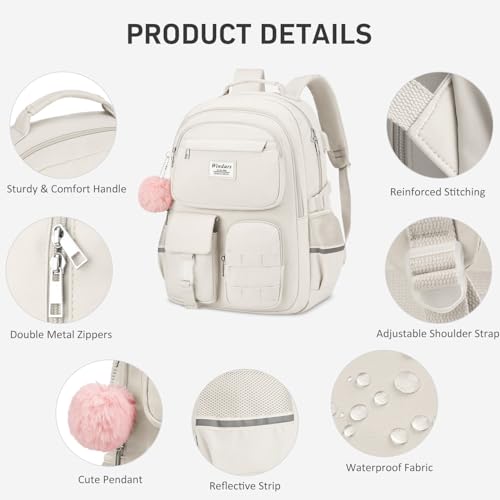 WINDARS School Backpack for Teen Girls, Cute Laptop Backpack for Women Students, Middle High School Bags Aesthetic Bookbag for College Travel Fit 15.6 Inch Laptop (Beige)
