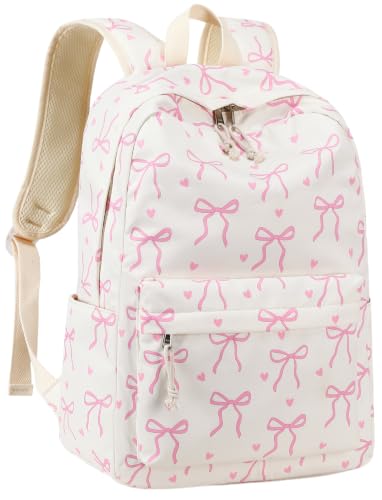Bluboon School Backpack for Teen Girls Women Laptop Backpack College Bookbags Middle School Travel Work Commuter Back Pack - color: Beige Base Pink Bow & Heart
