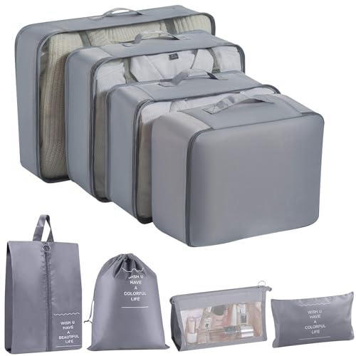8 Set Packing Cubes for Suitcases, INVODA Travel Luggage Packing Organizers with Laundry Bag, Compression Storage Shoe Bag, Clothing Underwear Bag (Grey) - color: Grey