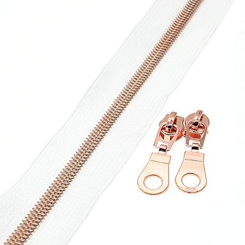 #5 Rose Gold Metallic Nylon Coil Zipper by The Yard, Bulk 10 Yards White Tape with 25PCS Rose Gold Zippers Pulls for Sewing, Bags, Purses YIGUANXIN - color: White-Rose Gold