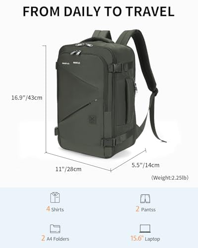 ECOHUB 17" Small Unisex Travel Backpack United Airlines Approved 17x10x9 Friendly Suitcase Anti-Theft Lockable Zippers Style Personal Item Bag Travel Essentials with 12 Pockets Water Resistant, Green - color: Green, size: 17 inch underseat