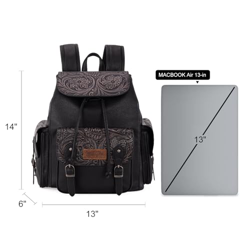 Montana West Wrangler Backpack Purse for Women Men Western Backpack Floral Tooled Travel Bags - color: Carve Black