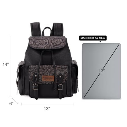 Montana West Wrangler Backpack Purse for Women Men Western Backpack Floral Tooled Travel Bags - color: Carve Black