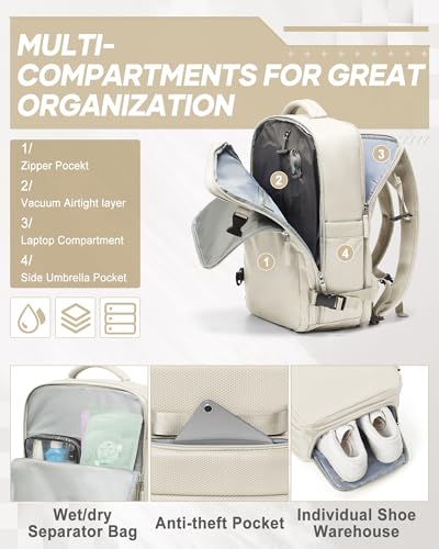 suwasp Vacuum Compression Backpack, 45L Expandable Travel Backpack with Electric Vacpack Pump, Travel Vacuum Bags with Shoe Compartment/17inch Laptop Compartment/USB Port, Beige - color: Beige, size: Medium
