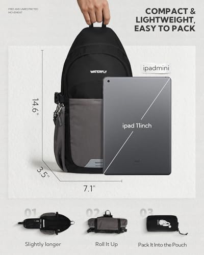 WATERFLY Packable Crossbody Sling Bag: Small Lightweight Travel RFID Blocking Sling Daypack with Water Bottle Holder - Shoulder Chest Bag Backpack for Women Men Hiking Traveling Theme Parks - color: Black