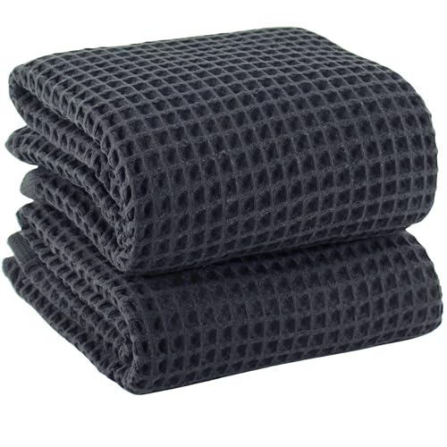 PÜSKÜL Natural 100% Turkish Cotton Waffle Bath Towels Set of 2-Piece | 32x63 inch Extra Large Absorbent Quick-Dry Lightweight Spa Towel | Luxury Sauna Accessories (Dark Gray Bath Towels - Pack of 2) - color: Dark Gray