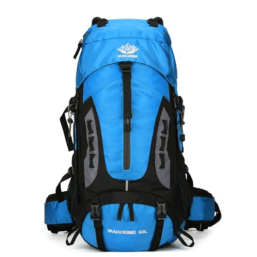 YFREAL 60L Travel Hiking Camping Backpack with Rain Cover,Backpack Water Resistant,Climbing Backpack for Men Women (BLUE) - color: Blue