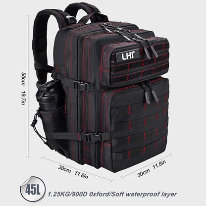 LHI Military Tactical Backpack for Men and Women 45L Army 3 Days Assault Pack Bag Large Rucksack with Shoe Compartment - Black red line - color: 1.21 Shoe Compartment（black Red Line）