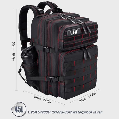 LHI Military Tactical Backpack for Men and Women 45L Army 3 Days Assault Pack Bag Large Rucksack with Shoe Compartment - Black red line - color: 1.21 Shoe Compartment（black Red Line）