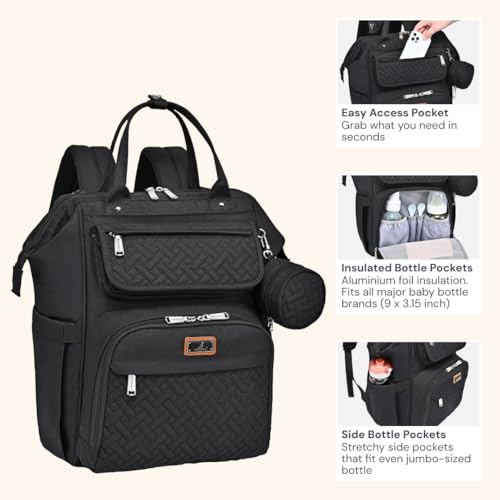 BabbleRoo Diaper Bag Backpack, Multifunction Nappy Changing Bag with Changing Pad, Stroller Straps & Pacifier Case, Unisex Stylish Travel Back Pack for Moms & Dads - Black - color: Black