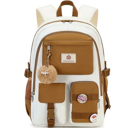 Hidds Laptop Backpacks 15.6 Inch School Bag Elementary Middle High College Backpack Cute Bookbags Anti Theft Travel Back Pack Casual Daypack Kids Book Bag for Teens Girls Women Students-Brown Beige - color: Brown Beige