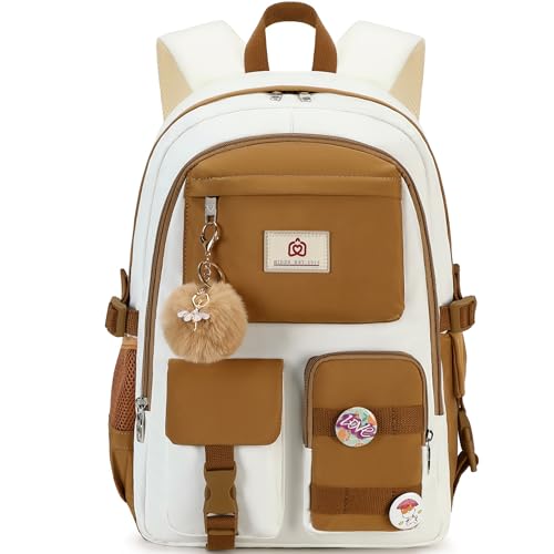 Hidds Laptop Backpacks 15.6 Inch School Bag Elementary Middle High College Backpack Cute Bookbags Anti Theft Travel Back Pack Casual Daypack Kids Book Bag for Teens Girls Women Students-Brown Beige - color: Brown Beige