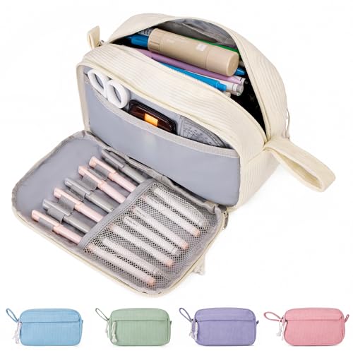 Big Capacity Pencil case,Soft Corduroy Pencil Bag with 3 Compartment,Pencil Pouch School Supplies Cute Pencil Box Pencil Bag for Teen Girls Boys College - color: White