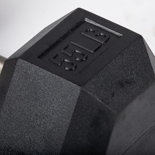 Titan Fitness 55 LB Pair Free Weights, Black Rubber Coated Hex Dumbbell, Straight Stainless Steel Handle, Strength Training, Full Body Workout
