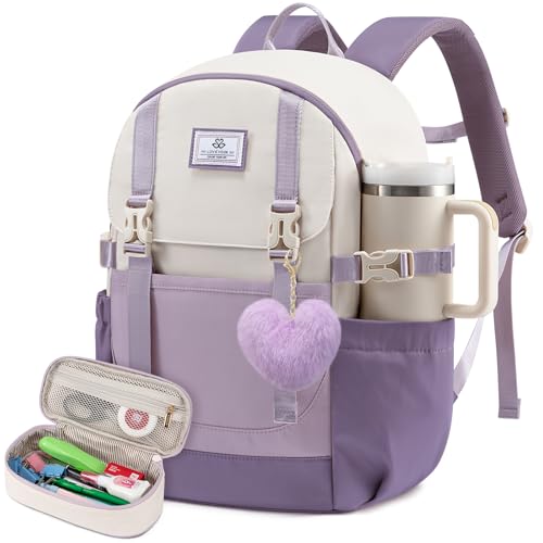 LOVEVOOK School Backpack for Teen Girls, Waterproof Travel College Bookbag for Middle High School with Large Cup Holder & Pencil Case, Fits 15.6'' Laptop, Cute Aesthetic Kids Student Backpack - color: Taro Purple