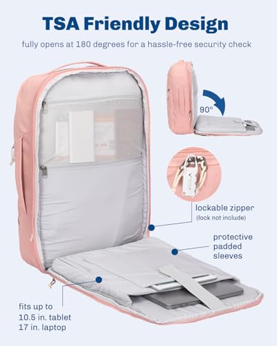 Hynes Eagle TSA Friendly Travel Backpack for Men Women Carry on Backpack 40L Flight Approved Laptop Backpack for 17 inches Compressible Weekender Bag Overnight Backpack Pink - color: Pink