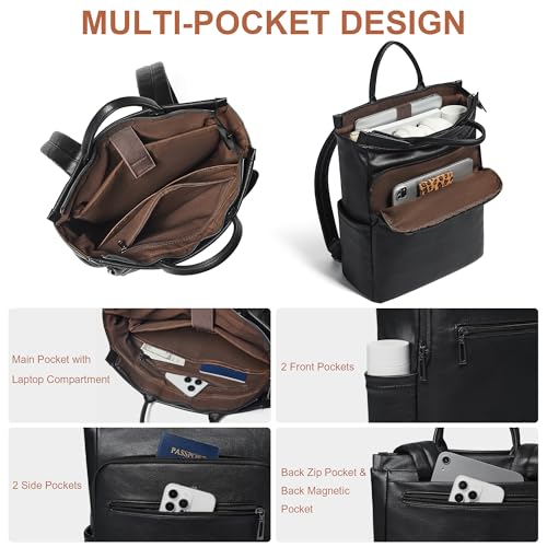 Leather Laptop Backpack for Women, Travel Backpack Purse Fits 15.6 Inch Laptop, Casual Daypack with Laptop Compartment for Men Teachers College Work Business Nurse Weekender, Black - color: 2-1 Black