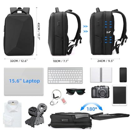 FENRUIEN Anti Theft Laptop Backpack for Men, Expandable Water Resistant Hardshell Backpack with USB Port, Black Business Travel Computer Bag 15.6 Inch