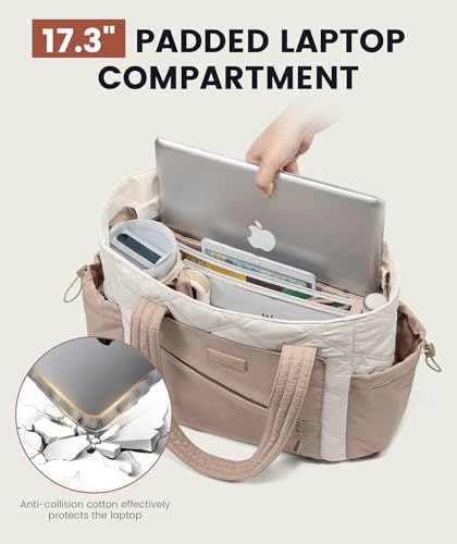 LOVEVOOK Tote Bag for Women, puffer tote bag for Work Travel Nurse, Lightweight quilted Bags with Compartments - color: L-17.3 Inch-cream-khaki