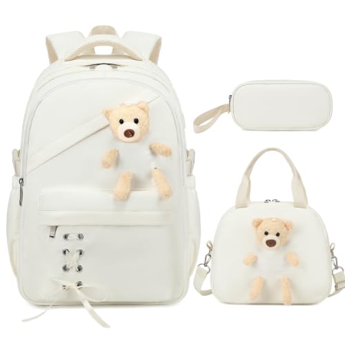 ACESAK School Backpack for Girls - 3 PCS Cute Girls Backpack with Lunch Box & Pencil Case - Kawaii Casual Kids Bookbag School Bag Daypacks Set for Elementary Middle High School Student Teens (Beige) - color: Beige
