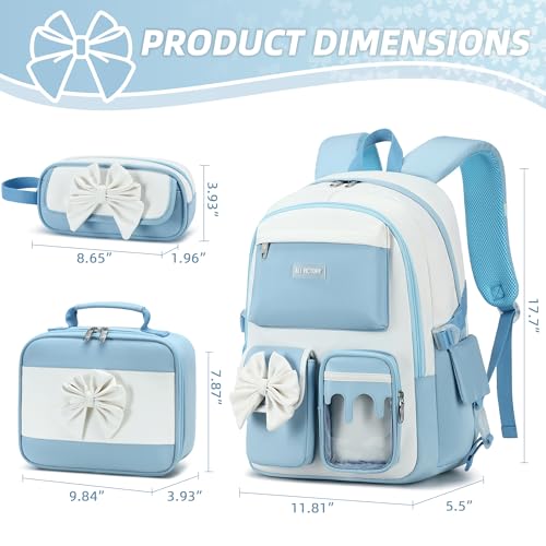 School Backpack for Girls 3PCS Nylon Kids Backpack Set with Lunch Box & Pencil Pouch, Cute Lightweight Teen Girls School Bag Laptop Bag Travel Daypack for Elementary Middle High School Beige Blue - color: Blue