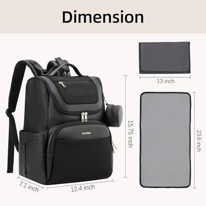 Large Leather Diaper Bag Backpack, Baby Travel Bag with Changing Pad, Insulated Pockets, Stroller Straps and Pacifier Case, Water-Resistant Diaper Bag for Mom and Dad, Black - color: Black
