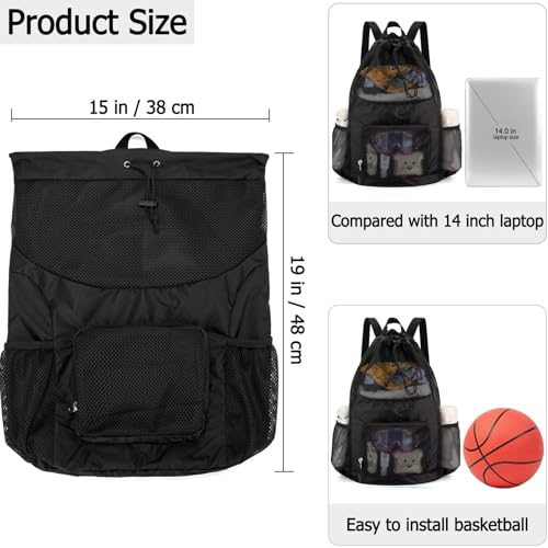 Swim Bag for Kids Mesh Beach Backpack for Boys Lightweight Drawstring Beach Bag Swimming Pool Sports Gym String Bag (Black) - color: All-Black