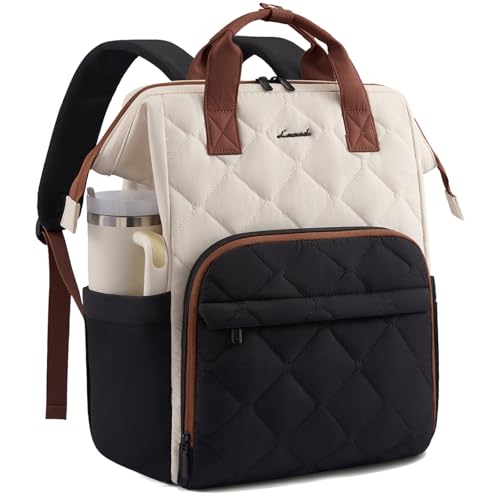 LOVEVOOK Laptop Backpack for Women, 15.6 inch Work Travel Backpack Purse, Puffer Quilted Laptop Backpack Casual Daypack for Nurse Teacher，Black-White-Brown - color: Black-white-brown, size: 15.6 inch