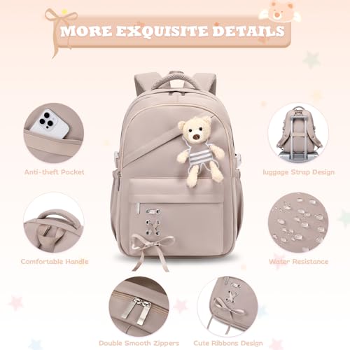 ACESAK School Backpack for Girls - 3 PCS Cute Girls Backpack with Lunch Box & Pencil Case - Kawaii Casual Kids Bookbag School Bag Daypacks Set for Elementary Middle High School Student Teens (Khaki) - color: Khaki