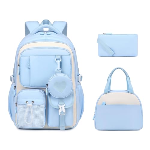 MOONBABY Girls Backpack, Kids Backpack for Girls, School bag for Primary Elementary Teenage, Middle School Students Bookbag - color: 3pcs-blue
