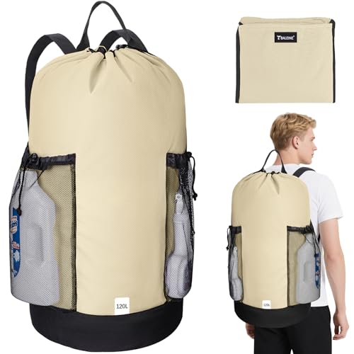 BALEINE 120L Laundry Bag Backpack, 900D Oxford Fabric Large Travel Laundry Bags with Shoulder Straps and 2 Mesh Pockets for College Dorm, Apartment, Laundromat (Beige, 120L) - color: Beige, size: 120L