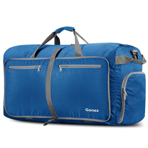 Gonex Large Foldable Travel Duffle Bag with Shoes Compartment, Packable Lightweight Water Repellent Duffel Bag for Camping Gym Weekender Bag - color: Deep Blue, size: 80L