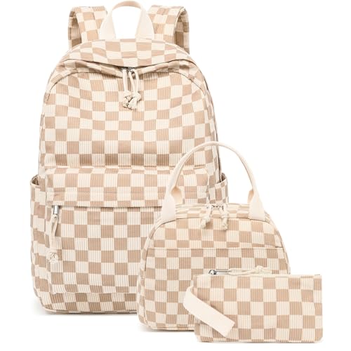 Bluboon School Backpack Set Girls Womens Laptop Bookbag Casual Daypack Fits 15 inch Laptop with Lunch Tote Bag and Pencil Bag - color: Corduroy Checkered Brown