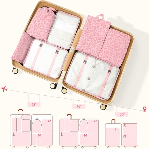 9 Set Packing Cubes for Travel Essentials - Lightweight Carry-On Luggage Organizer Bags with Shoe, Clothes & Laundry Bags for Airplane, Family & Business Travel, Pink leopard print - color: Pink leopard print