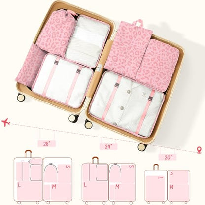 9 Set Packing Cubes for Travel Essentials - Lightweight Carry-On Luggage Organizer Bags with Shoe, Clothes & Laundry Bags for Airplane, Family & Business Travel, Pink leopard print - color: Pink leopard print
