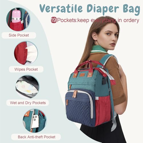 JOYCE Diaper Bag Backpack with Changing Pad, Water-Resistant, Blue-Green | Portable changinag pad, insulated bottle pockets, stroller straps, pacifier case, Multi-Compartment storage - color: Blue-green