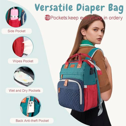 JOYCE Diaper Bag Backpack with Changing Pad, Water-Resistant, Blue-Green | Portable changinag pad, insulated bottle pockets, stroller straps, pacifier case, Multi-Compartment storage - color: Blue-green