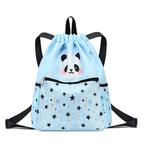Drawstring Backpack for Kids - Panda Bags for Girls Mini Gym Dance Beach Swim Travel Bag With Two Water Bottle Holder Light Blue - color: Panda Light Blue