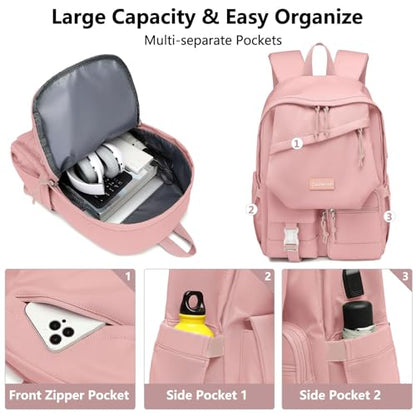 School Backpack College Bookbag for Teen — Student Aesthetic Bagpack for Girls 15.6 Inch Casual Daypack with USB Charger Women Laptop Backpacks Anti Theft Cute Fashion Book Bag Travel Back Pack Pink