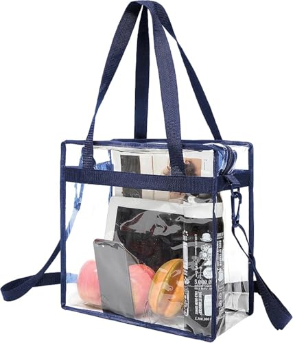 BAGAIL Clear Bags 12x6x12 Stadium Approved Clear Tote Bag with Zipper Closure Crossbody Shoulder Bag with Adjustable Strap - color: Navy