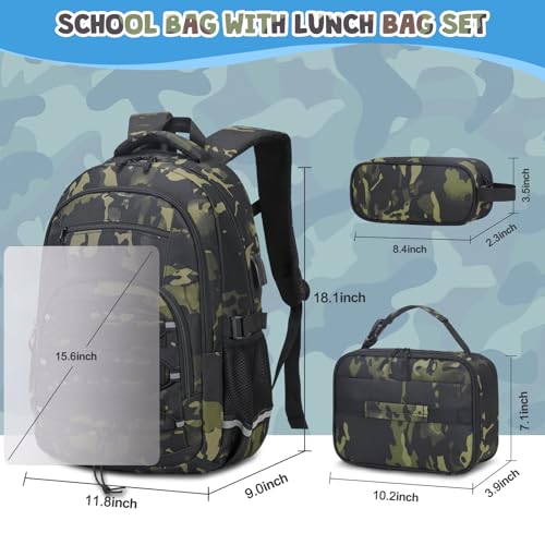 ACESAK Camo Backpack for Boys, Tactical Kids Backpack Boys, School Bags for Boy Children Teens Kids Elementary Middle High School, Military Bookbag and Lunch Bag Pencil Case Set with USB Charging Port - color: Black Camo