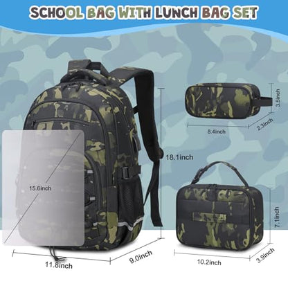 ACESAK Camo Backpack for Boys, Tactical Kids Backpack Boys, School Bags for Boy Children Teens Kids Elementary Middle High School, Military Bookbag and Lunch Bag Pencil Case Set with USB Charging Port - color: Black Camo