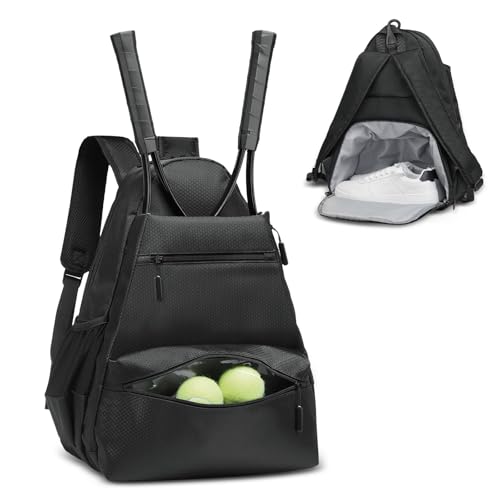 Tennis Backpack for Rackets, Waterproof Tennis Bag with Shoe Compartment, Wet/Dry Pocket, Fence Hook, for Tennis, Pickleball, Badminton - color: Black