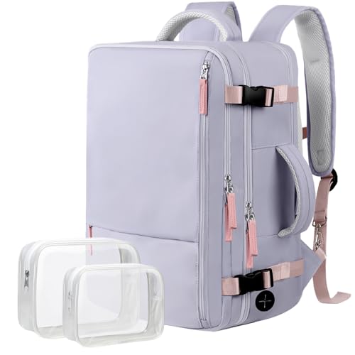 Hanples Large Travel Backpack for Women as Person Item Flight Approved, Waterproof 35L Carry On Backpack, 17 Inch Laptop Backpack for Business Bag with 2 Toiletry Bags (Gray Purple) - color: Gray Purple, size: Large
