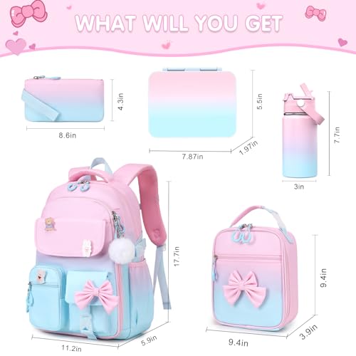 ACESAK 5PCS Backpack for Girls with Bento Box & 14oz Insulated Water Bottle - Cute School Girls Backpacks for Elementary Preschool Middle with Lunch Bag & Pencial Case, Back To School Gift (Pink Blue) - color: Pink-blue
