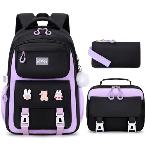DIGOBAY 3PCS Girls Backpack for School, Kids Backpack for Girls with Lunch Box Pencil Case Set for Teen Girl Elementary Primary Middle High College School Bookbag with Cute Pins (Black-Purple) - color: Black-purple