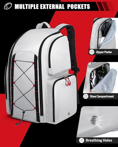 Smasrob Football Equipment Bag, Football Backpack, Football Gear Bag | Separate Shoe Compartment, Insulated Pocket and Fence Hooks, for Adult and Youth - color: Grey