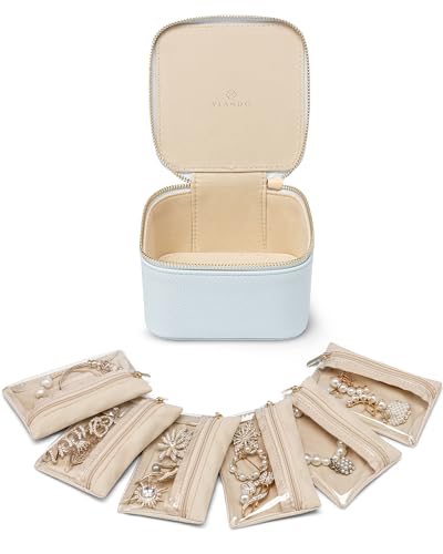 VLANDO Travel Jewelry Case,Travel Jewelry Organize with 6 Velvet Jewelry Zipper Pockets,Premium Petal Hardware Jewelry Case for Birthday Wedding Graduation Gifts-Baby Blue - color: 6PCS-Baby Blue