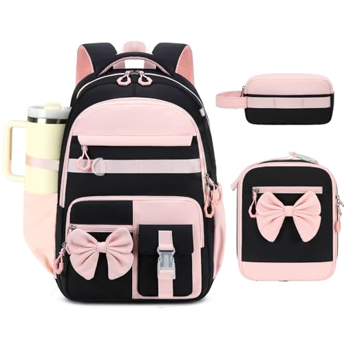 CAMTOP Girls Backpack with Lunch Box & Pencil Case Set, School Backpack for Girls with Large Water Bottle Holder Straps, Waterproof Kids Backpack, Cute Bookbag for Elementary School & Travel - color: Black Pink